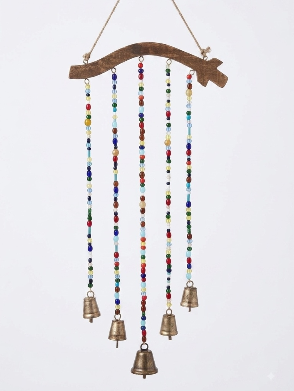 Boho Beaded Wind Chime Rustic Driftwood Glass Beads Brass Bells NWT